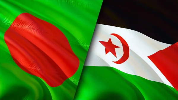 Bangladesh and Western Sahara flags. 3D Waving flag design. Bangladesh Western Sahara flag, picture, wallpaper. Bangladesh vs Western Sahara image,3D rendering. Bangladesh Western Sahara relation