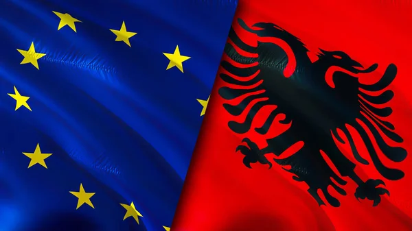 European Union and Albania flags. 3D Waving flag design. European Union Albania flag, picture, wallpaper. European Union vs Albania image,3D rendering. European Union Albania relations alliance an