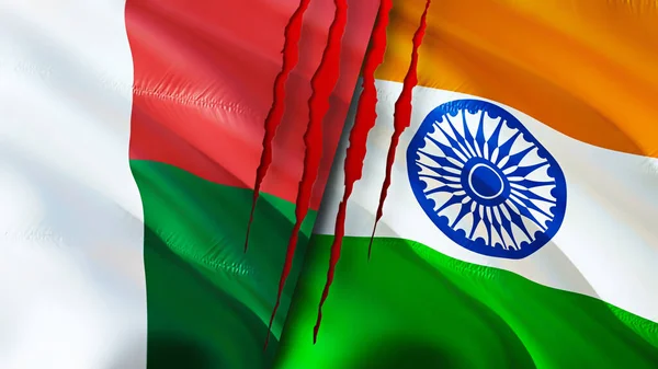 Madagascar India Flags Scar Concept Waving Flag Rendering Madagascar India — Stock Photo, Image