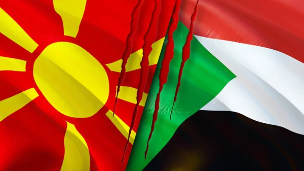 North Macedonia and Sudan flags with scar concept. Waving flag,3D rendering. North Macedonia and Sudan conflict concept. North Macedonia Sudan relations concept. flag of North Macedonia and Suda