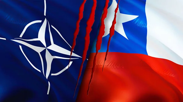 NATO and Chile flags with scar concept. Waving flag,3D rendering. Chile and NATO conflict concept. NATO Chile relations concept. flag of NATO and Chile crisis,war, attack concep