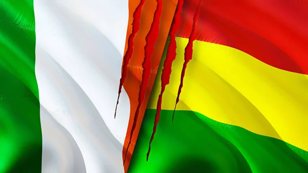 Прапори Ірландії Болівії Концепцією Шраму Розгортання Прапора Рендеринга Ірландія Болівія — стокове фото