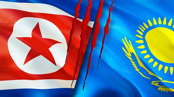 Corea Del Norte Kazajstán Banderas Con Concepto Cicatriz Bandera Ondeante — Foto de Stock