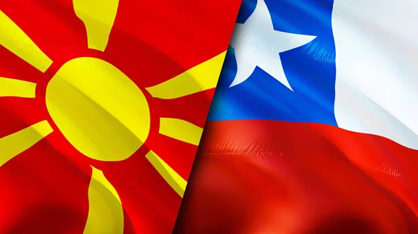 North Macedonia and Chile flags. 3D Waving flag design. North Macedonia Chile flag, picture, wallpaper. North Macedonia vs Chile image,3D rendering. North Macedonia Chile relations alliance an