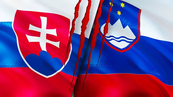 Slovakia and Slovenia flags with scar concept. Waving flag,3D rendering. Slovakia and Slovenia conflict concept. Slovakia Slovenia relations concept. flag of Slovakia and Slovenia crisis,war, attac
