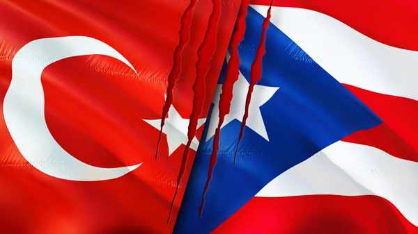 Turkey and Puerto Rico flags with scar concept. Waving flag,3D rendering. Turkey and Puerto Rico conflict concept. Turkey Puerto Rico relations concept. flag of Turkey and Puerto Rico crisis,war