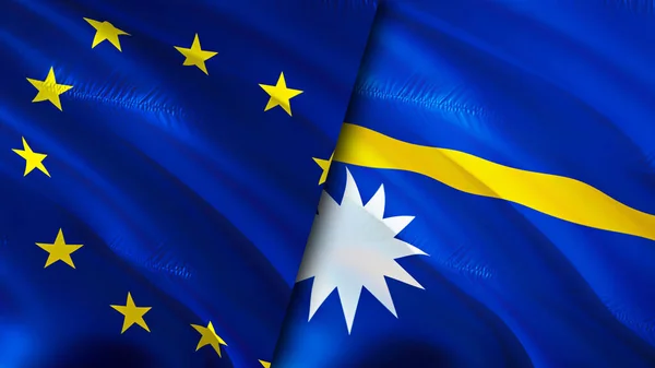 European Union and Nauru flags. 3D Waving flag design. European Union Nauru flag, picture, wallpaper. European Union vs Nauru image,3D rendering. European Union Nauru relations alliance an