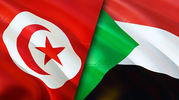 Tunisia and Sudan flags. 3D Waving flag design. Tunisia Sudan flag, picture, wallpaper. Tunisia vs Sudan image,3D rendering. Tunisia Sudan relations alliance and Trade,travel,tourism concep