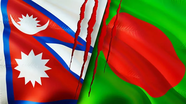 Nepal and Bangladesh flags with scar concept. Waving flag,3D rendering. Nepal and Bangladesh conflict concept. Nepal Bangladesh relations concept. flag of Nepal and Bangladesh crisis,war, attac