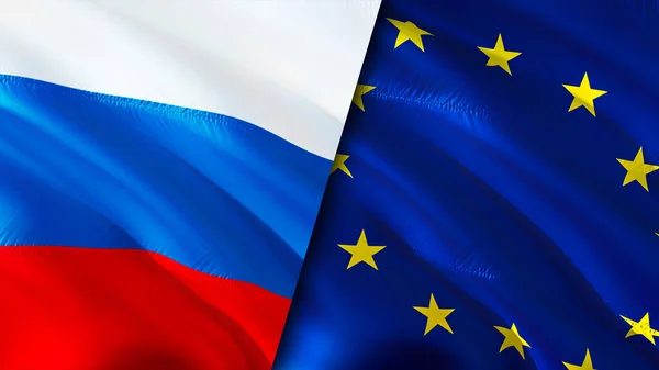 Russia and European Union flags. 3D Waving flag design. Russia European Union flag, picture, wallpaper. Russia vs European Union image,3D rendering. Russia European Union relations alliance an