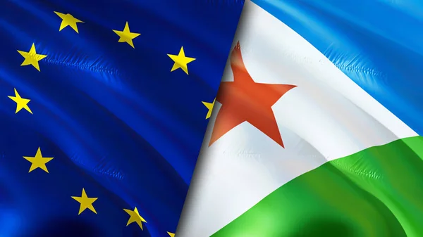 European Union and Djibouti flags. 3D Waving flag design. European Union Djibouti flag, picture, wallpaper. European Union vs Djibouti image,3D rendering. European Union Djibouti relations allianc