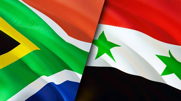 South Africa and Syria flags. 3D Waving flag design. South Africa Syria flag, picture, wallpaper. South Africa vs Syria image,3D rendering. South Africa Syria relations alliance an