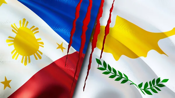 Philippines and Cyprus flags with scar concept. Waving flag,3D rendering. Philippines and Cyprus conflict concept. Philippines Cyprus relations concept. flag of Philippines and Cyprus crisis,war