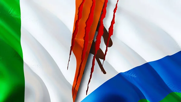 Флаги Ирландии Лесото Шрамом Трехмерный Рендеринг Флага Концепция Конфликта Ирландии — стоковое фото