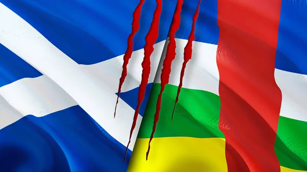 Scotland and Central African Republic flags with scar concept. Waving flag,3D rendering. Scotland and Central African Republic conflict concept. Scotland Central African Republic relations concept