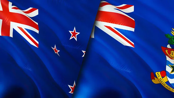 新西兰和开曼群岛的国旗 3D波浪旗帜设计 新西兰开曼群岛国旗 新西兰对开曼群岛的图像 3D渲染 新西兰开曼群岛 — 图库照片