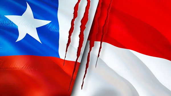 Chile and Monaco flags with scar concept. Waving flag,3D rendering. Chile and Monaco conflict concept. Chile Monaco relations concept. flag of Chile and Monaco crisis,war, attack concep