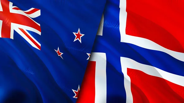 New Zealand and Norway flags. 3D Waving flag design. New Zealand Norway flag, picture, wallpaper. New Zealand vs Norway image,3D rendering. New Zealand Norway relations war alliance concept.Trade