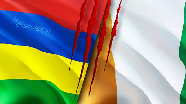 毛里求斯和科特迪瓦国旗上有疤痕概念 飘扬的旗帜 3D渲染 毛里求斯和科特迪瓦冲突概念 毛里求斯科特迪瓦关系概念 毛里求斯国旗和Cot旗 — 图库照片