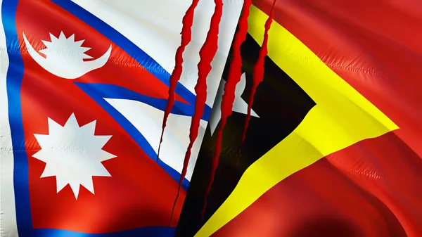 Nepal ve Doğu Timor yara izi olan bayraklar. Dalgalanan bayrak, 3 boyutlu görüntüleme. Nepal ve Doğu Timor çatışma konsepti. Nepal Doğu Timor ilişkileri kavramı. Nepal ve Doğu Timor krizi bayrağı, savaş, attac