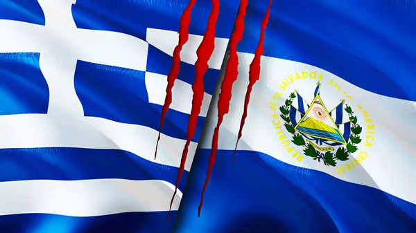 ギリシャとエルサルバドルは傷の概念でフラグを立てます 旗を振って3Dレンダリング ギリシャとエルサルバドルの紛争の概念 ギリシャ エルサルバドル関係の概念 ギリシャとエルサルバドルの旗戦争 — ストック写真