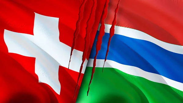 Flagi Szwajcarii Gambii Koncepcją Blizny Machanie Flagą Renderowanie Koncepcja Konfliktu — Zdjęcie stockowe