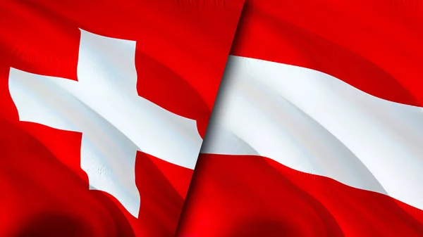 Switzerland and Austria flags. 3D Waving flag design. Switzerland Austria flag, picture, wallpaper. Switzerland vs Austria image,3D rendering. Switzerland Austria relations alliance an