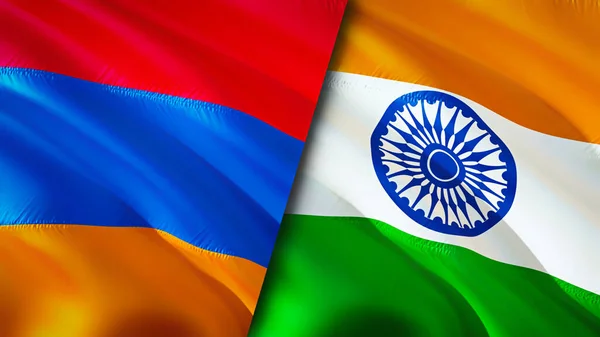 Armenia and India flags. 3D Waving flag design. Armenia India flag, picture, wallpaper. Armenia vs India image,3D rendering. Armenia India relations alliance and Trade,travel,tourism concept