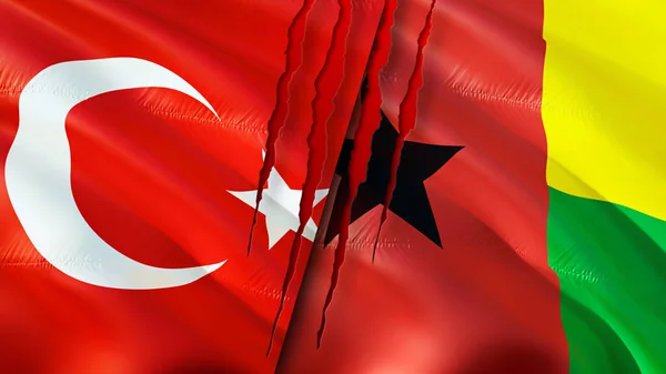 Turkey and Guinea Bissau flags with scar concept. Waving flag,3D rendering. Turkey and Guinea Bissau conflict concept. Turkey Guinea Bissau relations concept. flag of Turkey and Guinea Bissa