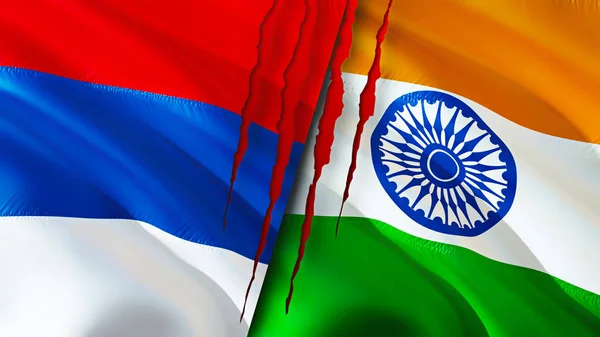 塞尔维亚和印度的国旗上有疤痕的概念 飘扬的旗帜 3D渲染 塞尔维亚和印度冲突概念 塞尔维亚 印度关系概念 塞尔维亚和印度国旗危机 — 图库照片