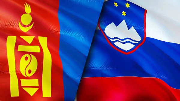Mongolia and Slovenia flags. 3D Waving flag design. Mongolia Slovenia flag, picture, wallpaper. Mongolia vs Slovenia image,3D rendering. Mongolia Slovenia relations alliance and Trade,travel,touris