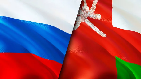 Russia and Oman flags. 3D Waving flag design. Russia Oman flag, picture, wallpaper. Russia vs Oman image,3D rendering. Russia Oman relations alliance and Trade,travel,tourism concep