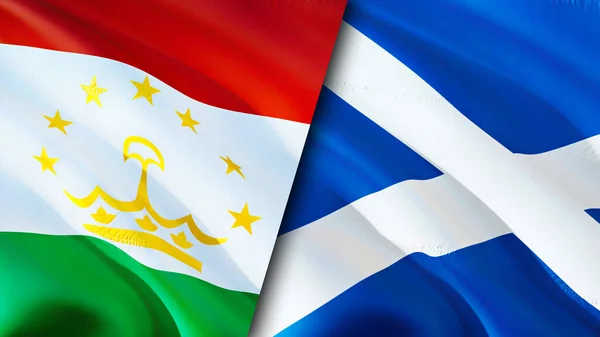 Tajikistan and Scotland flags. 3D Waving flag design. Tajikistan Scotland flag, picture, wallpaper. Tajikistan vs Scotland image,3D rendering. Tajikistan Scotland relations alliance an