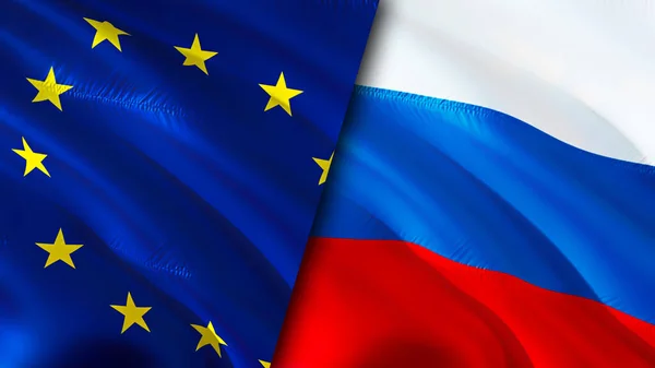 European Union and Russia flags. 3D Waving flag design. European Union Russia flag, picture, wallpaper. European Union vs Russia image,3D rendering. European Union Russia relations alliance an