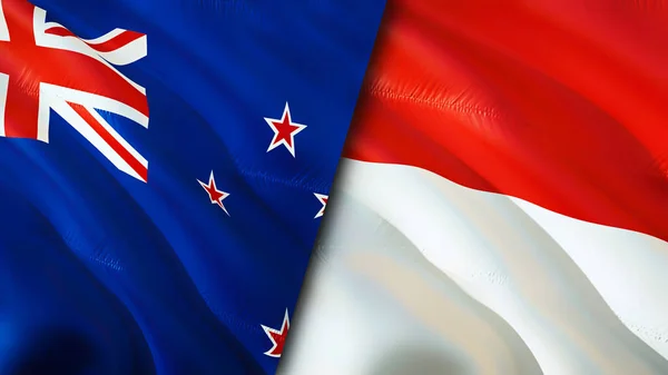 新西兰和印度尼西亚的国旗 3D波浪旗帜设计 新西兰国旗 新西兰对印度尼西亚的图像 3D渲染 新西兰与印度尼西亚的关系 — 图库照片