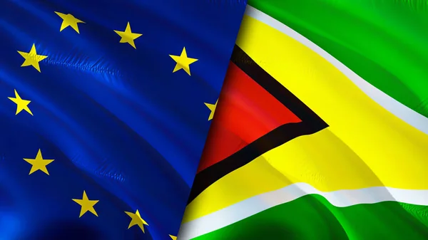 European Union and Guyana flags. 3D Waving flag design. European Union Guyana flag, picture, wallpaper. European Union vs Guyana image,3D rendering. European Union Guyana relations alliance an