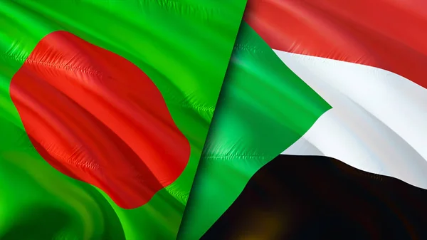 Bangladesh and Sudan flags. 3D Waving flag design. Bangladesh Sudan flag, picture, wallpaper. Bangladesh vs Sudan image,3D rendering. Bangladesh Sudan relations alliance and Trade,travel,touris