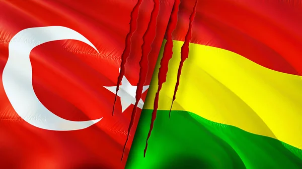 Turkey and Bolivia flags with scar concept. Waving flag,3D rendering. Turkey and Bolivia conflict concept. Turkey Bolivia relations concept. flag of Turkey and Bolivia crisis,war, attack concep