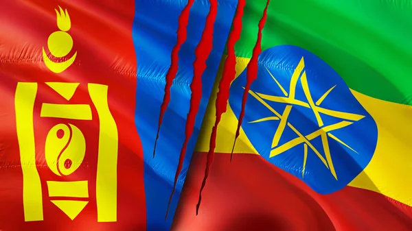 Mongoliet Och Etiopien Flaggar Med Ärr Koncept Viftar Med Flaggan — Stockfoto