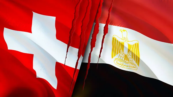 Switzerland and Egypt flags with scar concept. Waving flag,3D rendering. Switzerland and Egypt conflict concept. Switzerland Egypt relations concept. flag of Switzerland and Egypt crisis,war, attac