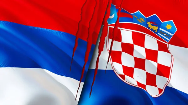 세르비아와 크로아티아의 깃발에는 흉터가 웨이브 플래그 렌더링 세르비아와 크로아티아의 충돌이라는 — 스톡 사진