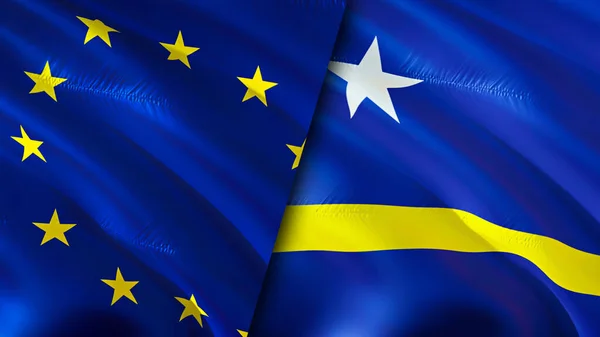 European Union and Curacao flags. 3D Waving flag design. European Union Curacao flag, picture, wallpaper. European Union vs Curacao image,3D rendering. European Union Curacao relations alliance an