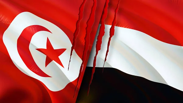 Tunisia Yemen Bandiere Con Concetto Cicatrice Bandiera Sventolante Rendering Tunisia — Foto Stock