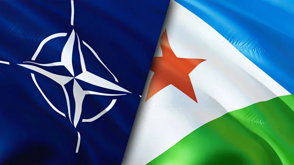 NATO and Djibouti flags. 3D Waving flag design. Djibouti NATO flag, picture, wallpaper. NATO vs Djibouti image,3D rendering. NATO Djibouti relations alliance and Trade,travel,tourism concep