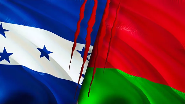 Honduras and Belarus flags with scar concept. Waving flag 3D rendering. Honduras and Belarus conflict concept. Honduras Belarus relations concept. flag of Honduras and Belarus crisis,war, attac