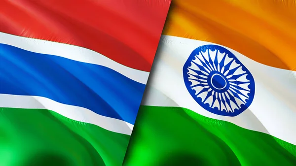 Gambia and India flags. 3D Waving flag design. Gambia India flag, picture, wallpaper. Gambia vs India image,3D rendering. Gambia India relations alliance and Trade,travel,tourism concep