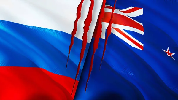俄罗斯和新西兰的国旗上有疤痕的概念 飘扬的旗帜 3D渲染 俄罗斯和新西兰冲突概念 俄罗斯 新西兰关系概念 俄罗斯和新西兰的国旗危机 — 图库照片