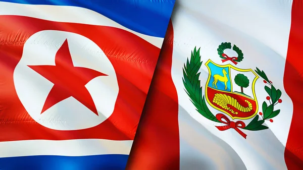 North Korea and Peru flags. 3D Waving flag design. North Korea Peru flag, picture, wallpaper. North Korea vs Peru image,3D rendering. North Korea Peru relations alliance and Trade,travel,touris