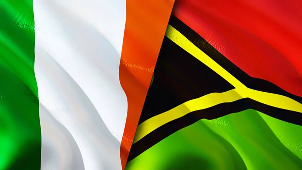 爱尔兰和瓦努阿图的国旗 3D波浪旗帜设计 爱尔兰瓦努阿图国旗 爱尔兰对瓦努阿图的图像 3D渲染 爱尔兰瓦努阿图关系联盟概念 — 图库照片