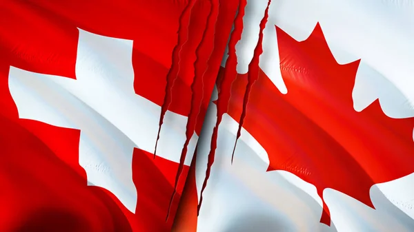 Suiza Canadá Banderas Con Concepto Cicatriz Bandera Ondeante Representación Conflicto — Foto de Stock